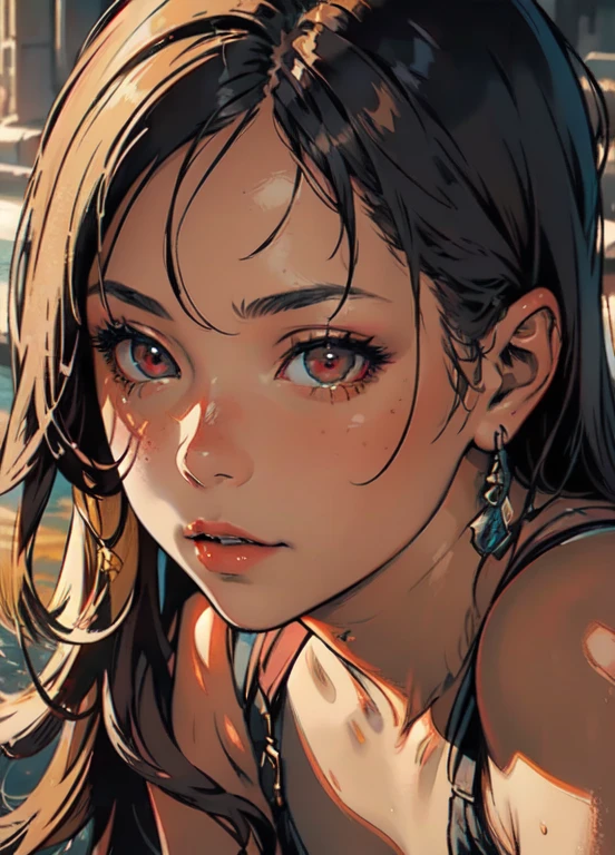 (photo realistic:1.4),  top quality, realistic, masterpiece,   very delicate and beautiful , CG,  very detailed ,   High Definition  ,   very detailed,   1 girl, Tifa_  Lockhart  ,   beautiful detailed girl ,whole body,  realistic,  kimono,  Red eyes with beautiful details ,   light on face,   cinematic lighting,   line art  ,  flat color,  