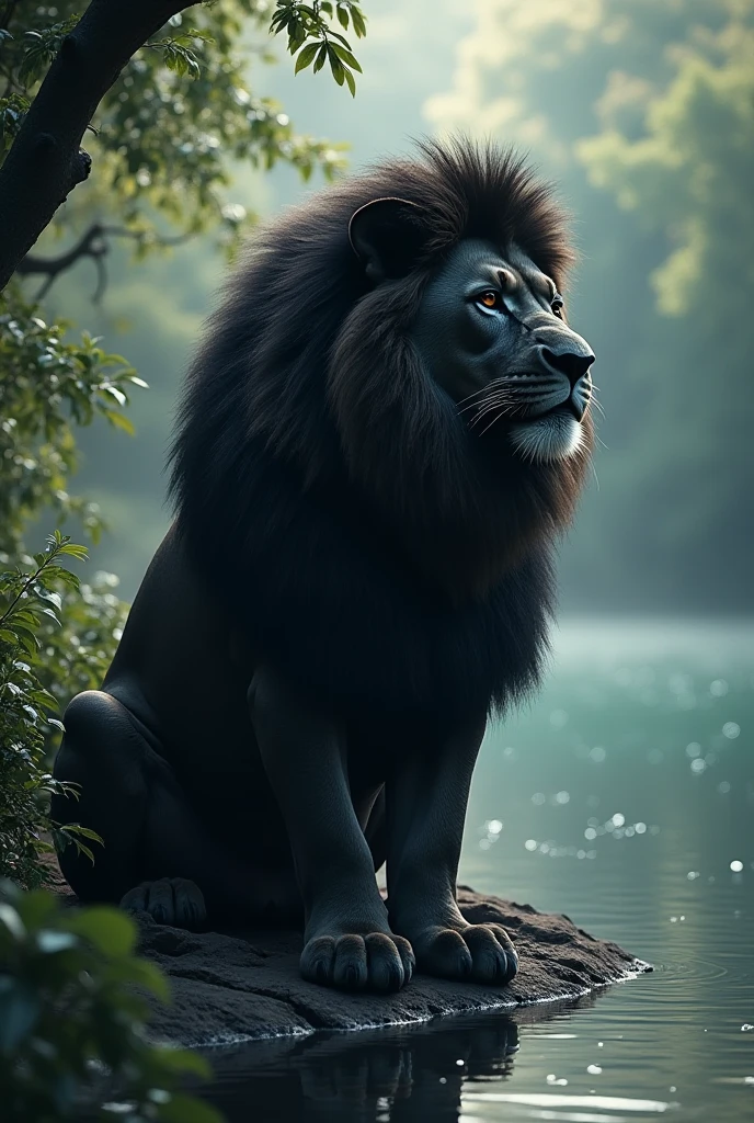 Black hair lion sitting near water