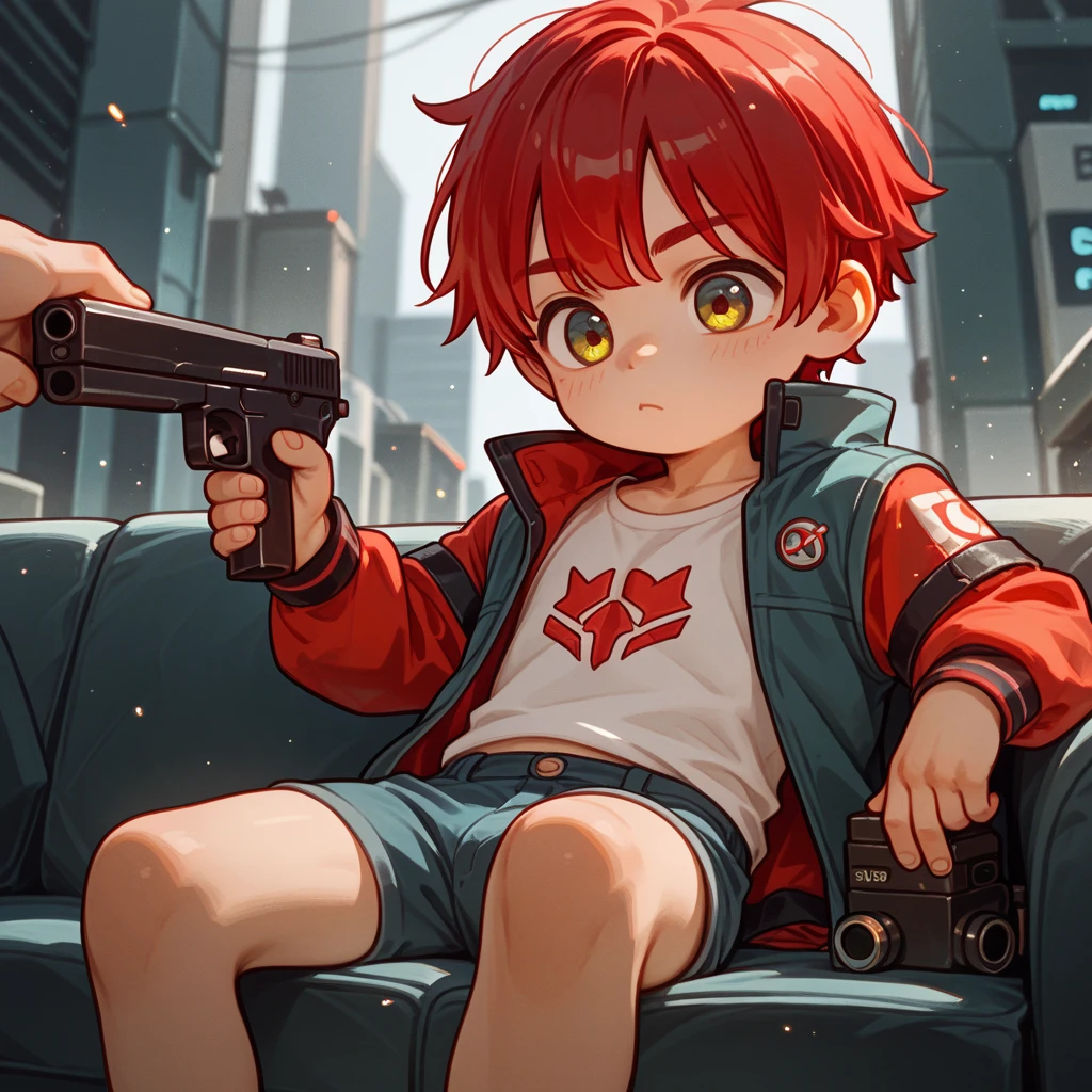 "A young boy with bright red hair , bright skin, and the soft expression , wearing future clothing .  The boy sitting .  The background is plain black ,  holding a gun is shooting , gives full focus to the character of the boy ,cute chibi ."