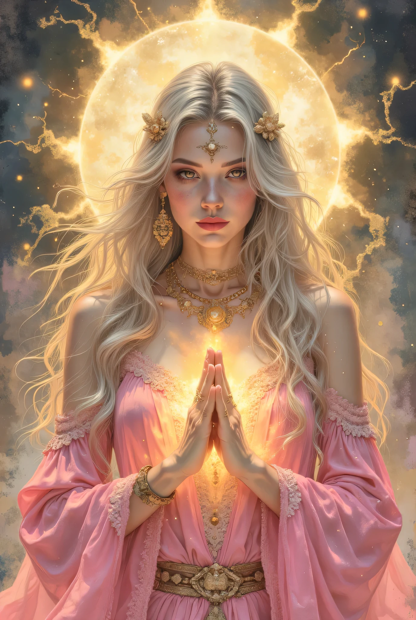 Graphic illustration which is a portrait of a goddess smiling gently in the world of love . She's wearing a pink dress , long silver hair , jewelry, 、 has a magic circle of light on her arms and hands . She is filled with love overflows all over her body 、Halo、Compassion、love、Dazzling Shine、, Her pretty fingers are praying in front of her chest , Has claws of light . with the most detailed drawing 、