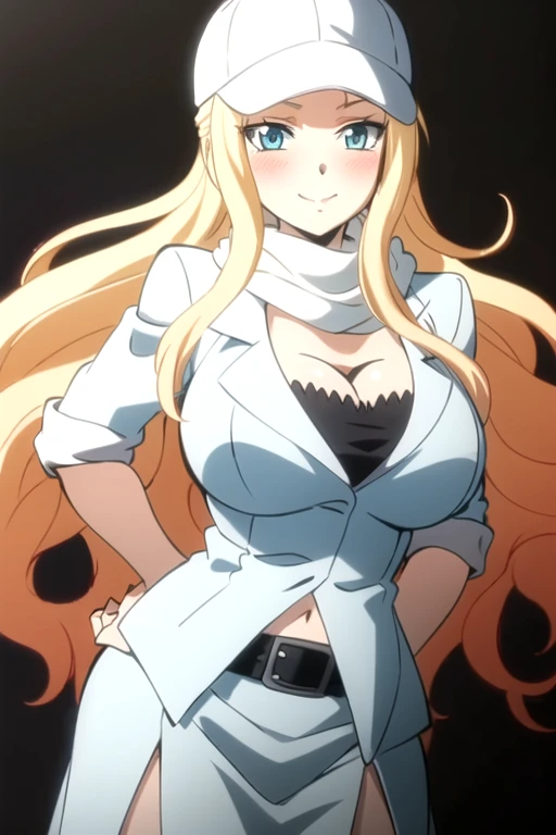 best quality, ultra high res, 1girl, Irina Jelavic, long hair, blonde hair, blue eyes, facing the viewer, looking at the viewer, big breasts, cleavage, (simple black background), dark, white suit, belt, (white beret), light smile