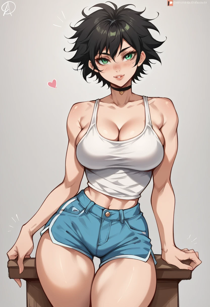 1girl, beautiful woman, black hair, messy hair, asymmetrical hair, green eyes, big breasts, fit body, hourglass figure, wide hips, busty, busty thighs, cleavege, decolette, collarbone, white tanktop, dolphin shorts