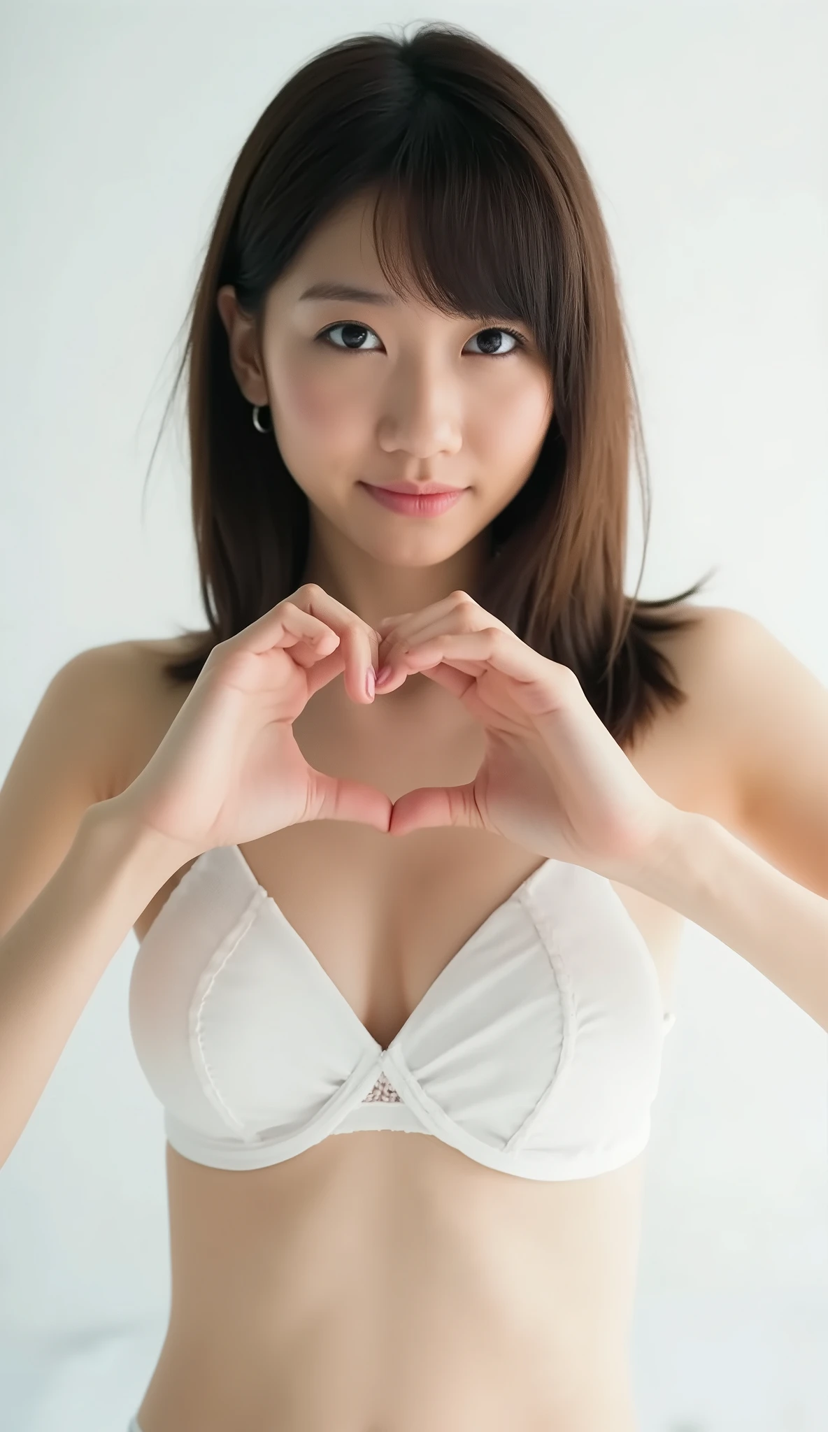    A close-up of your face is a posture wearing an attractive camisole,  Make a heart shape in front of your chest with both hands ,   Cute Smile Up、  It's on a solid color background 