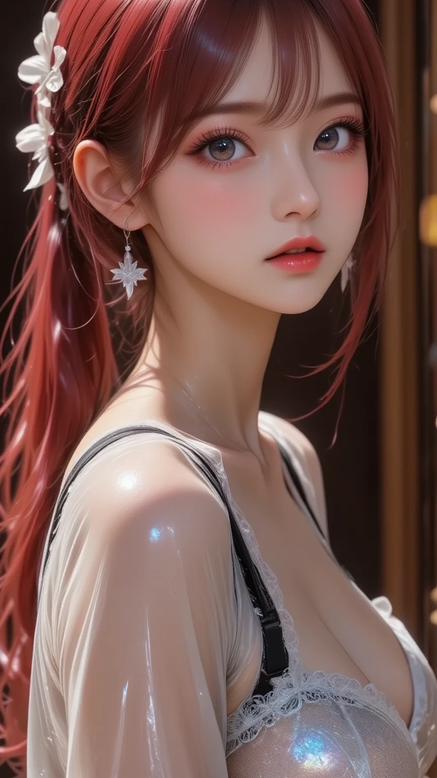 (8k, RAW photo, photorealistic:1.25) ,( lipgloss, eyelashes, glosace, glossy skin, best quality, ultra highres, depth of field, chromatic aberration, caustics, Broad lighting, natural shading, Kpop idol) looking at the audience With serenity and goddess-like bliss, big breastig breastig titull body,