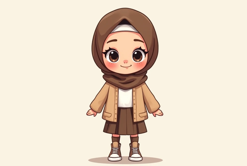 Cartoon with text:
Cute little cartoon girl, with brown hijab on, wearing oversized beige cardigan, white shirt, brown skirt, brown socks, sneakers, pulling up her skirt, upskirt, exposed legs, white underwear