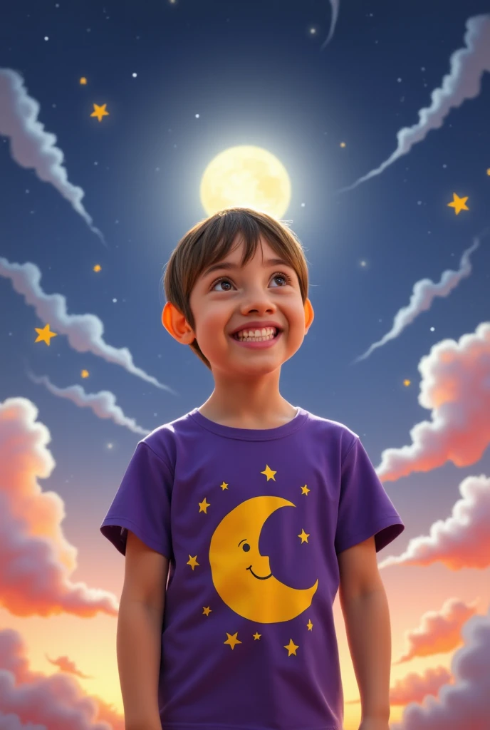 A  boy, 5, wearing a purple t-shirtwirh a yellow moon design. 