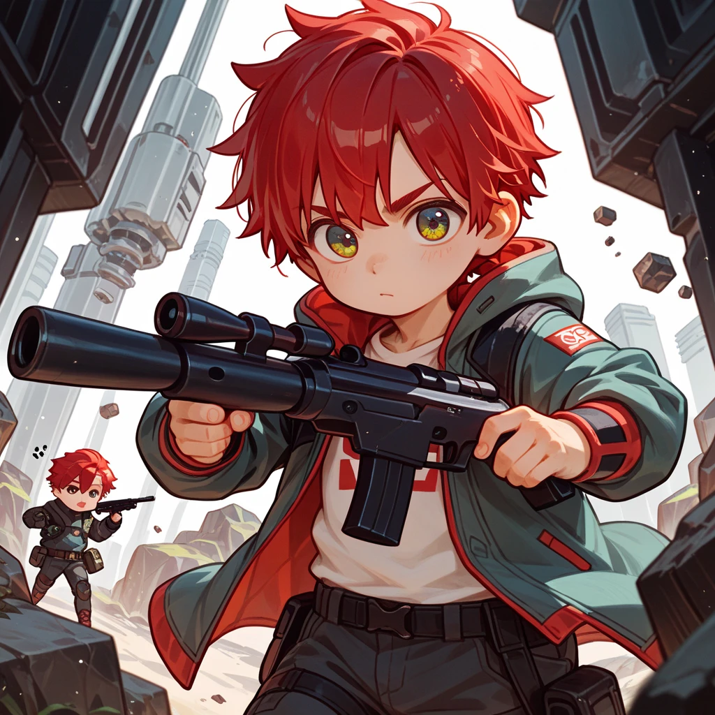 "A young boy with bright red hair , bright skin, and the soft expression , wearing future clothing .  The boy .  The background is plain black ,  holding a sniper , shooting pose , gives full focus to the character of the boy ,cute chibi ."