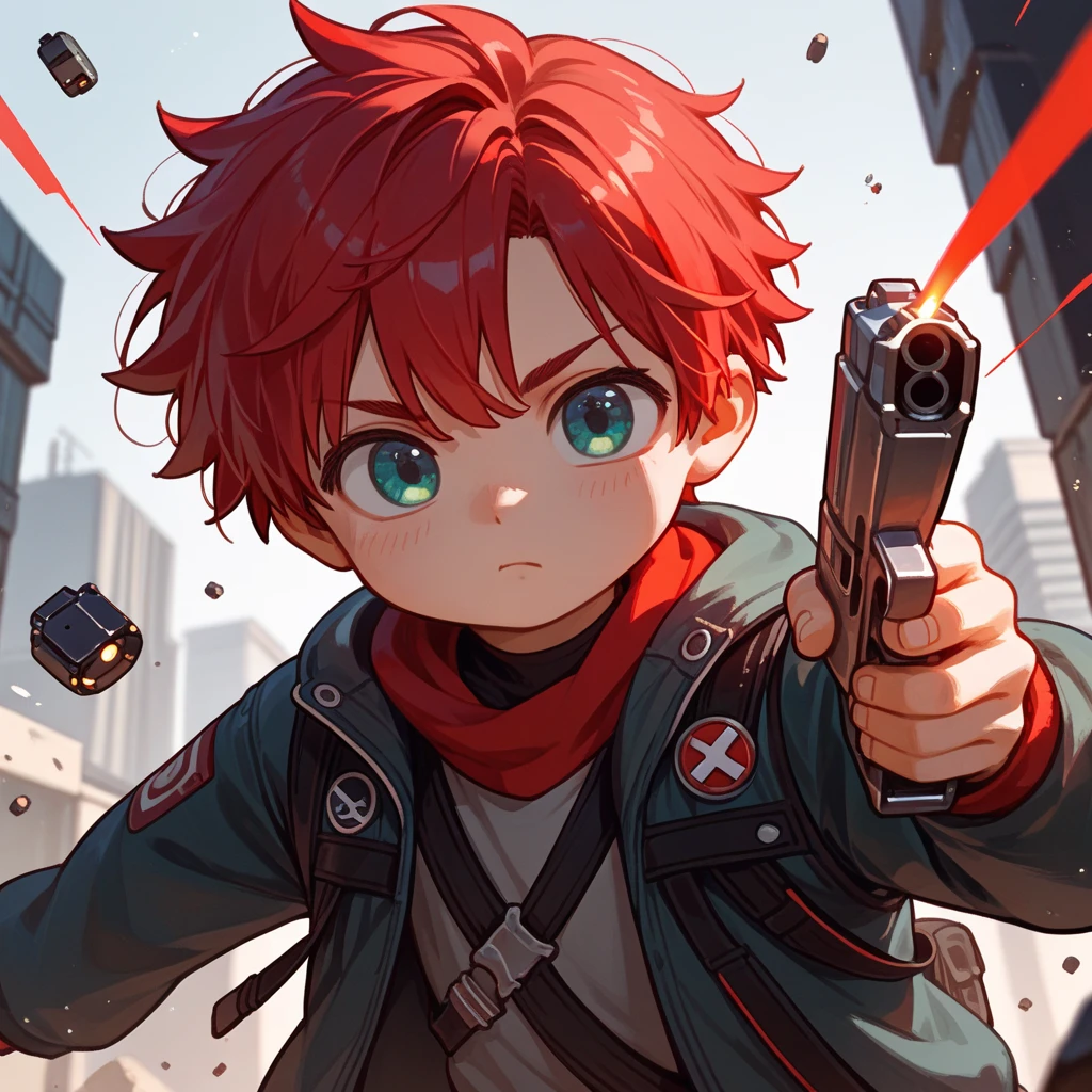 "A young boy with bright red hair , bright skin, and the soft expression , wearing future clothing .  The boy .  The background is plain black ,  holding a gun , shooting pose , gives full focus to the character of the boy ,cute chibi ."