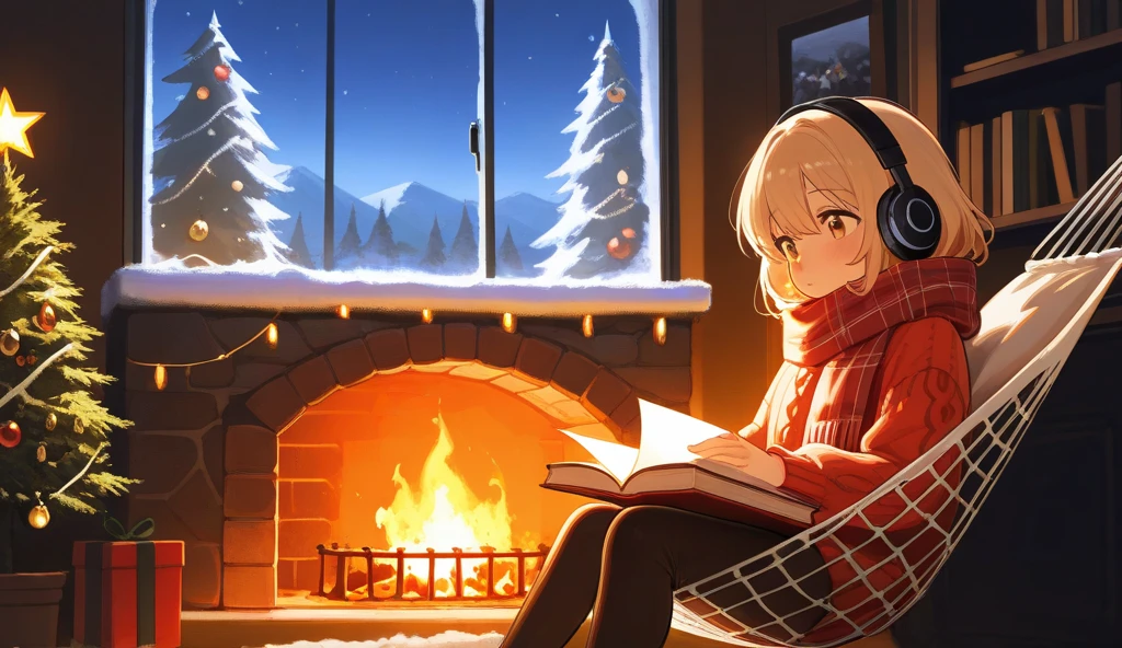  A scene where you spend a warm time indoors in winter .  outside the window, and Christmas decorations are visible in the ,  The interior creates a cozy and warm atmosphere .  A scene where a girl is sitting in a hammock chair wearing headphones and holding a cat. 주변에는 book장, plant, fireplace, book, , laptops, etc. in the surrounding area, and , fireplace는 불이 타오르고 있어 따뜻한 느낌을 준다.  room .  A scene that well expresses the warm and cozy atmosphere of the winter season .