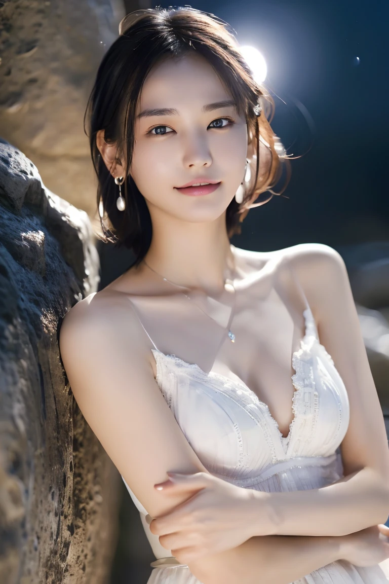 highest quality, ultra high resolution, masterpiece, realistic: 1.8, pores, Accuracy, blue sky, White cloud, Aegean, White House in Santorini, rooftop, naked,(See-through slip dress,Lace knitting) naked, exposed chest, overflowing breasts, Symbolism as a woman, get used to it, 23 years old, japanese woman,cute, shy smile,white teeth、midsummer sunshine,