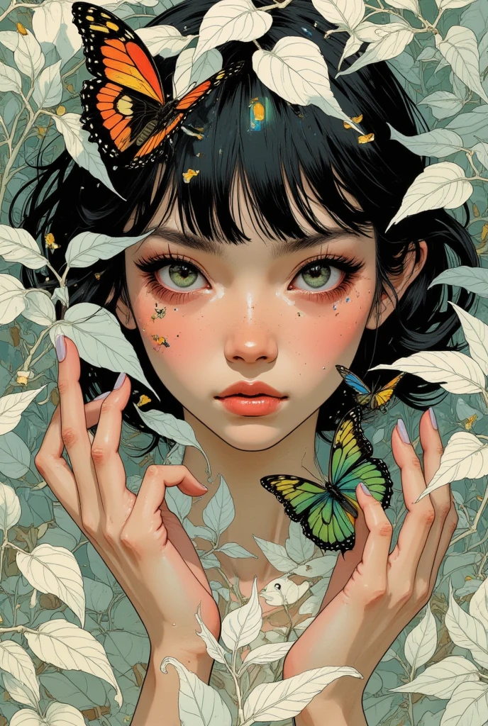 (,(masterpiece), (High resolution), (Very delicate), (masterpiece: 1.2, Highest quality), scribble, nightmare, Doll-like face, Manga style, rough sketch, Comic style illustration, Japanese painting, whole body,(snap shot), Flat Illustration, Creepy Appearance, Unique atmosphere、A man surrounded by a multitude of insects