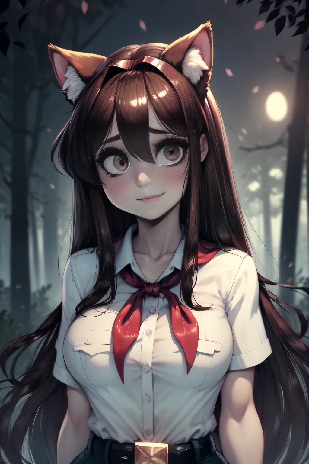 very young slim fit girl, at full height, (rounded face:1.2), very long disheveled dark brown hair, (big brown eyes:1.2), shy face, light smile, (perfect flat breast:1.2), band on head with fake cat ears, parororo, pioneer neckerchief, blue thight microskirt, bangs, shirt, collarbone, white shirt, short sleeves, collared shirt, belt, neckerchief, eyelashes, red neckerchief, breast pocket, ariawm, accurate snub nose, (very long strand of hair between eyes:1.3), summer night, forest 