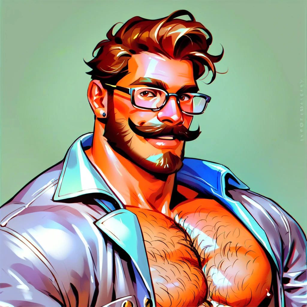 PonyXLV6_Scores,Handsome muscular shirtless brown haired man with brown eyes, looking at the viewer, wearing glasses, moustache, laboratory background , hairy chest, smiling 