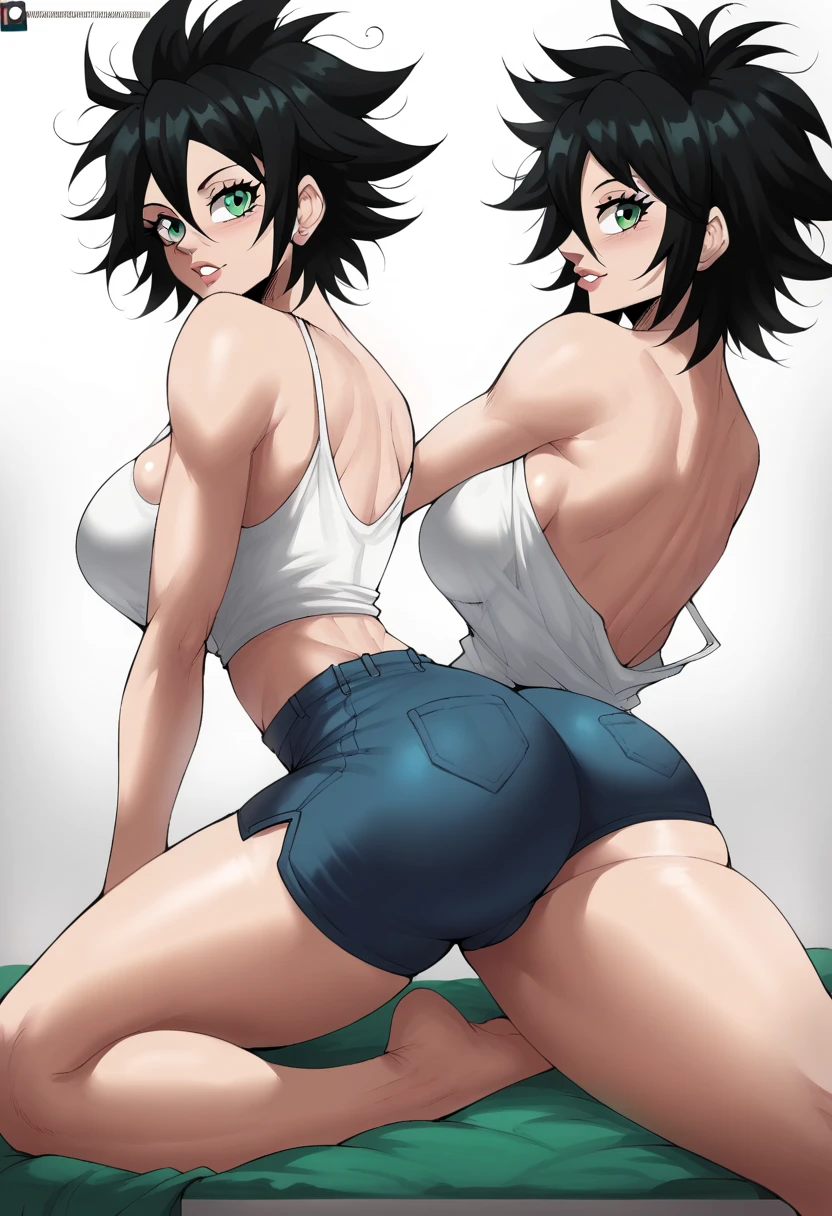 1girl, beautiful woman, black hair, messy hair, asymmetrical hair, green eyes, big breasts, fit body, hourglass figure, wide hips, busty, busty thighs, cleavege, decolette, collarbone, white tanktop, dolphin shorts, EchoSaber, back towards viewer, ass towards viewer, glance behind shoulder