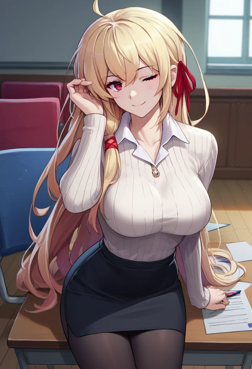 score_9, score_8_up, score_7_up, source_anime, solo, 1girl, aliceliesenebulis, smile, looking at viewer, sitting on desk, ahoge, hair ribbon, red ribbon, one eye closed, white shirt, collared shirt, black skirt, pencil skirt, black pantyhose, large breasts, indoors, office   score_9, score_8_up, score_7_up, source_anime, solo, 1girl, aliceliesenebulis, blush, smile, looking at viewer, standing, hand in own hair, ahoge, hair ribbon, red ribbon, white sweater, sweater dress, ribbed sweater, turtleneck, black pantyhose, large breasts, indoors, living room