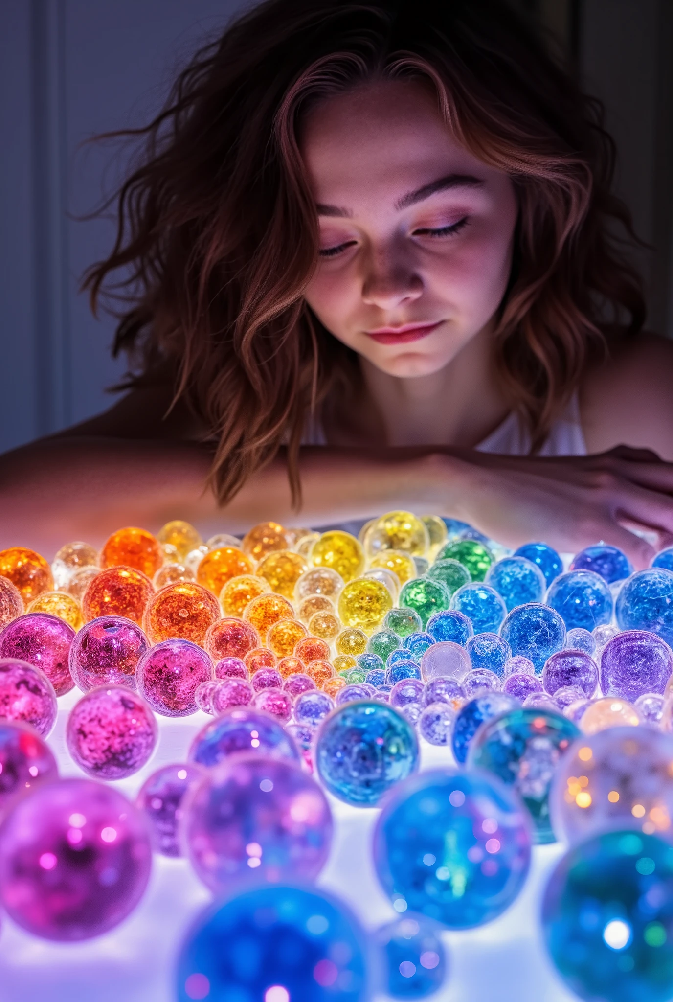 Emma Myers, closeup zoom,(macro:1) photo,cute women plays on,(mandelbulb fractals:4) thousand shards of colorful glass candy on an opalescent countertop,condensation,effervescent,detailed,intricate,key light,backlight,fill light,three-point lighting, nebulae bubbles,