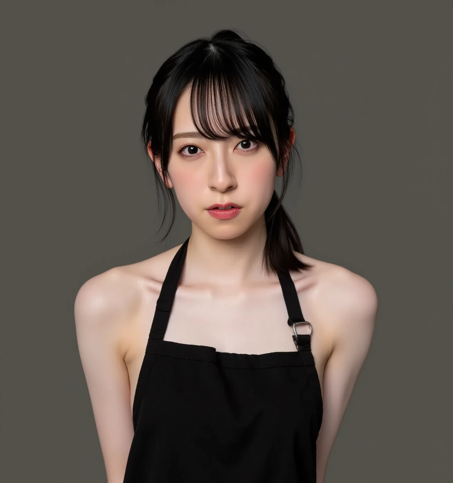 ((( High resolution,top quality, super detailed, Masterpiece , very detailed,realistic,real person,Ultra detailed skin))) ,simple background,(from front),upper body, medium shot, looking at viewer , (standing), (arms behind back),  black hair, medium hair, medium breasts, cleavage,((naked apron))