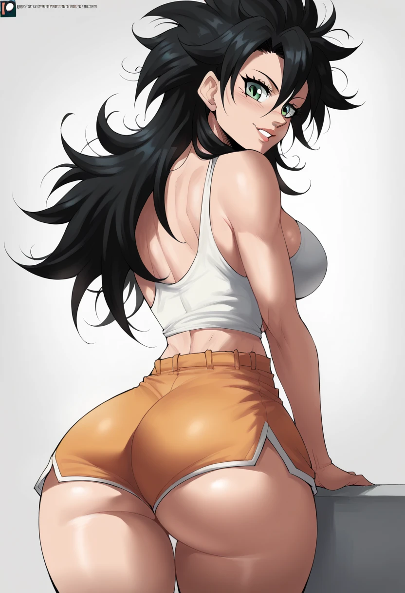 1girl, beautiful woman, black hair, messy hair, asymmetrical hair, green eyes, big breasts, fit body, hourglass figure, wide hips, busty, busty thighs, cleavege, decolette, collarbone, white tanktop, dolphin shorts, EchoSaber, back towards viewer, ass towards viewer, glance behind shoulder,