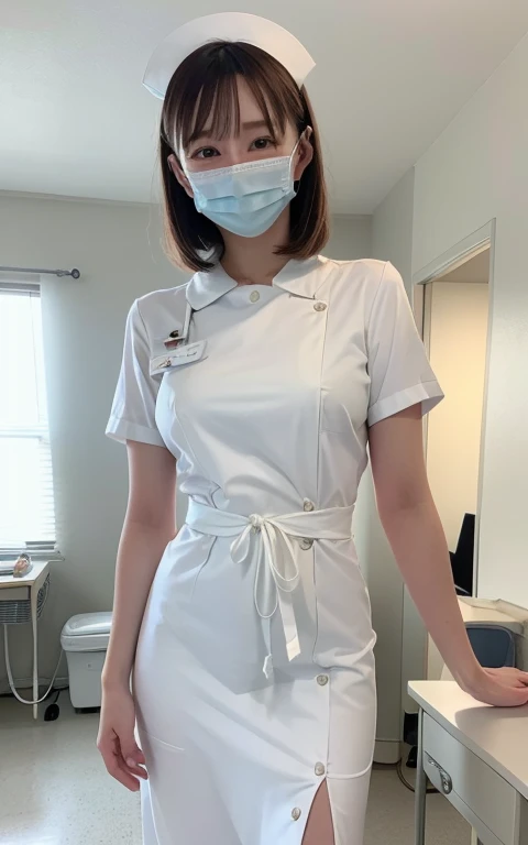 1 girl,(Wearing white nurse clothes:1.2),(RAW Photos, highest quality), (Realistic, photo-Realistic:1.4), masterpiece, Very delicate and beautiful, Very detailed, 2k wallpaper, wonderful, finely, Very detailed CG unity 8k wallpaper, Very detailed, High resolution, Soft Light, Beautiful detailed girl, Very detailed eyes and face, Beautiful and detailed nose, finely beautiful eyes, nurse, Perfect Anatomy, Black Hair, Upstyle, nurse uniform, ((mask)), Long skirt, nurse, White costume, thin, hospital, clear, White Uniform, hospital room, Neck auscultation,Bobcut