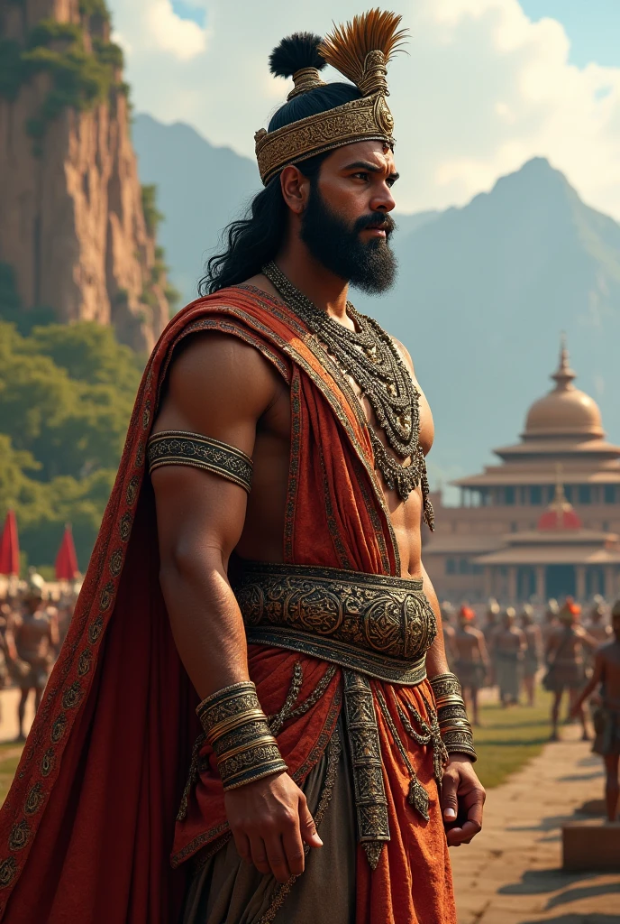 Photo of an Indian warrior from the 1857 Revolution, raw, (_Detailed face:1.2_), (_detailed facial features_), (_finely detailed skin_), (_dark complexion_), (_turbanned head_), (_mustached jaw_), _military uniform_, (_sword in hand_), (_dramatic pose_), (_smoldering eyes_), (_determined expression_), (_in front of the sunset_), _background_: _ruins of a fort_, (_grasslands_), (_clouds of smoke_), _Camera angled low_, (_perfectly proportions_), (_photorealistic_), (_Best Quality