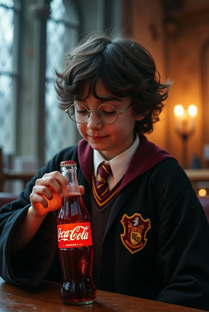 Picture of Ron" (Ron Weasley - Personagem do Harry Potter vendendo refrigerante dentro do trem, With 5 pepsi soft drinks in one hand and a full suitcase in the other with a frightened look, uma perna levantada como se estivesse caindo, enquanto esparra em alguem no trem com cara de raiva