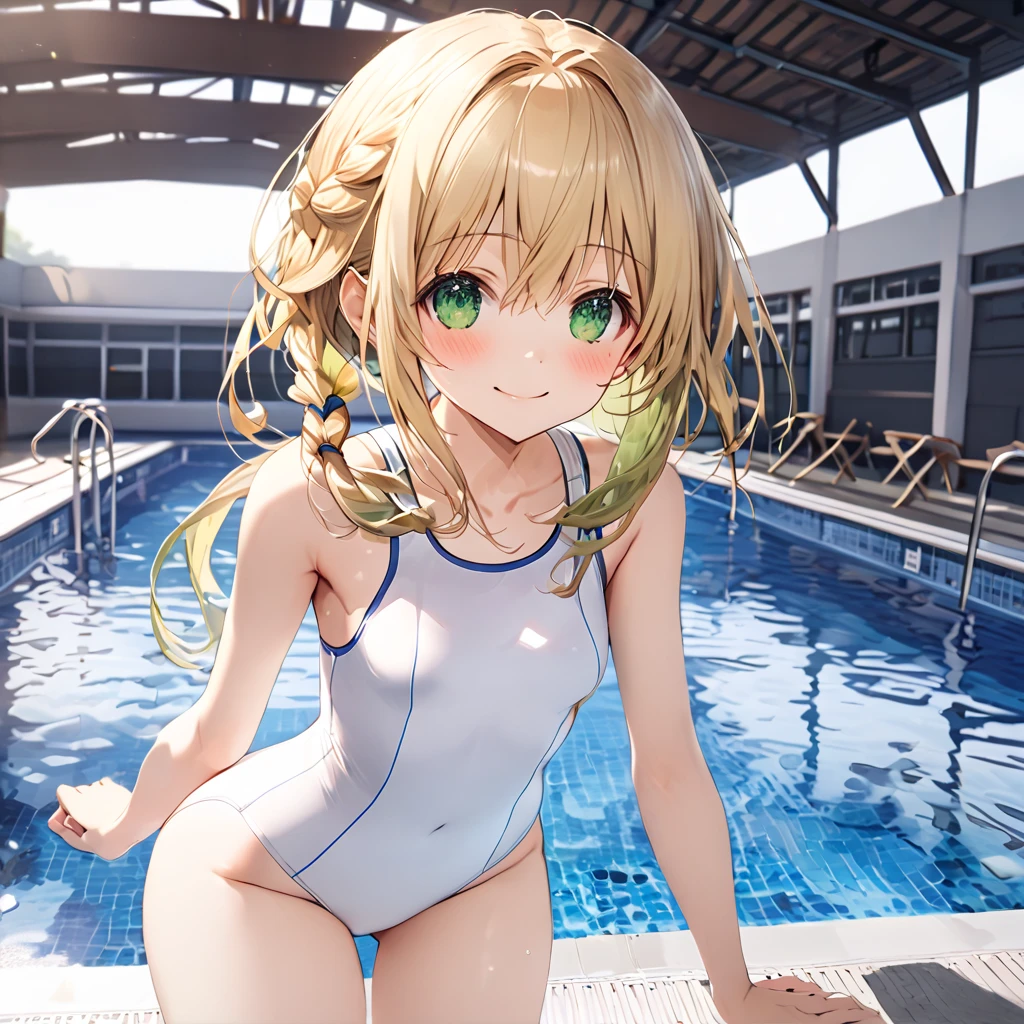 ( One Girl ), blonde hair, green eyes,short hair ,smile,blush、(long sidelocks:1.5), ( small tits:1.5),(white school swimsuit flap:1.5),(Thighs:1.5),stand、Pool、front、 cowboy shot、( perfect anatomy ),( best quality), ( ultra hi-res), (超 high definition ), ( Highly Detailed CG), (32K), (masterpiece)、eyesHD,Green \(Neptunia )\