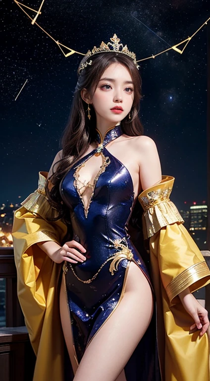 27歳のwoman1人, 1  constellation goddess from the future, goddess of the pink and purple 12  constellations, the goddess of the  constellation in a yellow ao dai, a 12  constellation ao dai with many black lace detail, mythology Goddess of the 12  constellations from the future,  constellation ♏, luxurious glittering  constellation style,  dark and mysterious version ,  constellation crown, Lipstick lips red,  Thin and Beautiful Lips , Don&#39;t laugh, shut up ,  Characters created by Karol Bach and Pino Daeni,  complicated details,  detailed background,  very detailed, Light Magic, woman,  clear face , look at the face of goddess  constellation look at the  constellation goddess face, Round Breasts, Big and Round Breasts,  phoenix hair brooch ,  long hair with bangs ,  beautiful facesの細部と均整の取れた目, (Clear Yellow Eyes : 1.8), Big round eyes and very beautifully detailed makeup , foresolutionight, silk dresolutions, Mysterious Makeup, Bangles,  double bangs and light blond dyed hair ,  upper body, ( constellation goddess  upper body: 1.9), The arms are hanging loosely,  Realistic and vivid photos , (stars make up the  constellation: 1.7), (sky background  constellation and fictitious space and time portal: 1.8),  fiction art ,  RAW photos , Painting of Hanfu, Best Photos, expensive_resolution,  top quality, Best Photos quality, 8K quality, 8k ultra,  surreal,  REAL PHOTO MOST ECONOMIC  , artistic portrait of goddess  constellation, 1 symbol of 12  constellation signs on the back, single portrait of 1  constellation goddess, The most realistic color scheme, the Best Photos color, Masterpiece,  hair accessories,  necklace,   jewelry,  beautiful faces,  to the body, tyndall effect,  Photorealistic,  dark studio,  rim lighting ,  two tone lighting, (expensive detailed skin:1.2),  8K Ultra HD ,  dslr ,  soft lighting , expensive quality,  volumetric lighting, Frank,   unvolume photos , expensive resolutionolution, 4K, 8K quality, Bokeh, Smooth and sharp, Increase pixels by 10 times, Charming  constellation goddess, sexy  constellation goddess, ( cosmic background :1.8), (galaxy: 1.7),  Aurora, thunder, ( Auroraの背景: 1.8) < Laura :Vulpix_  perfect eyes _v1_from_v1_