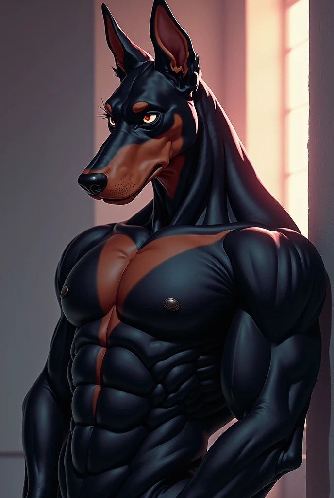 ((solo)), male, anthro (Doberman), (sheath, balls), ((standing, modern bedroom, detailed background)), ((fur, muscular, beefy:1.4)), by blotch, by kenket, (epic, masterpiece, high quality, correct anatomy:1.2), (posing, sitting), (belly), (smile), ((mature male)), sexy, anatomically correct genitalia,