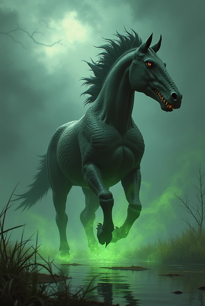 Gigantic, dangerous and horrific cross between a angry snake and a muscular roaring horse scary background