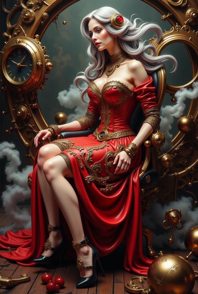 A detailed image of a steampunk young woman seated, capturing a striking kinetic effect. She wears a short red dress adorned with intricate golden embroidery, a Victorian lace collar, high-heeled shoes, elegant stockings, and sophisticated accessories made of gears and jewelry encrusted with precious stones. Her silver hair flows dynamically around her radiant face, as if animated by an invisible breeze, decorated with metallic flowers and miniature clocks. The details of the fabric and accessories seem to slightly vibrate, as if frozen in mid-motion, adding a sense of dynamism to the image. The kinetic effect conveys the impression of a moment captured amidst fluid action, blending grace and power in a refined retro-futuristic aesthetic.