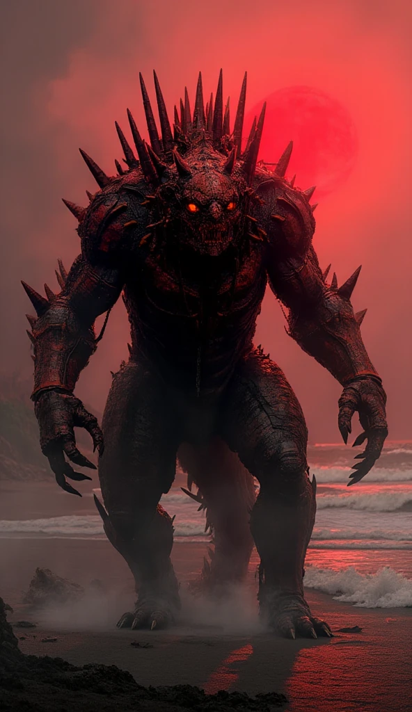 A terrifying hybrid creature, combining the massive form of a Komodo dragon and the armor-like red steel spikes, walks ominously on the same beach. Its body is muscular and sinewy, with scales that shimmer between organic and metallic textures. Red steel spikes emerge from its back, tail, and shoulders, forming a natural yet mechanical defense and attack system. Its glowing, fiery eyes pierce through the humid beach air, adding an otherworldly aura. The creature’s movements are heavy yet purposeful, each step sinking slightly into the sand, creating small tremors. The beach setting, with the waves crashing in the background and shadows lengthening under a red-tinged sky, enhances the foreboding atmosphere.