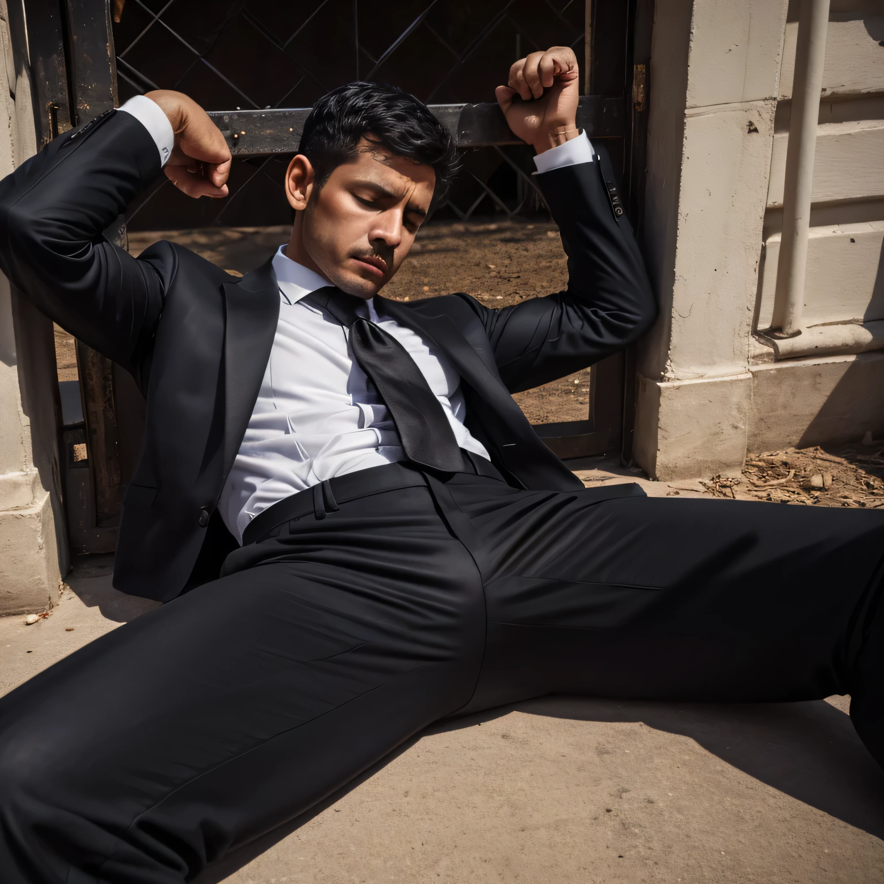 50 years old, One Man,、 black suit、black tie、black slim pants、In front of the gate、 Gunfight、 logic, Gay, black hair、Short Hair。 very short hair 、 arabic face Open your legs and hold a handgun、 upper body up black slim pants black slim pants Sleeping Trouser chuck