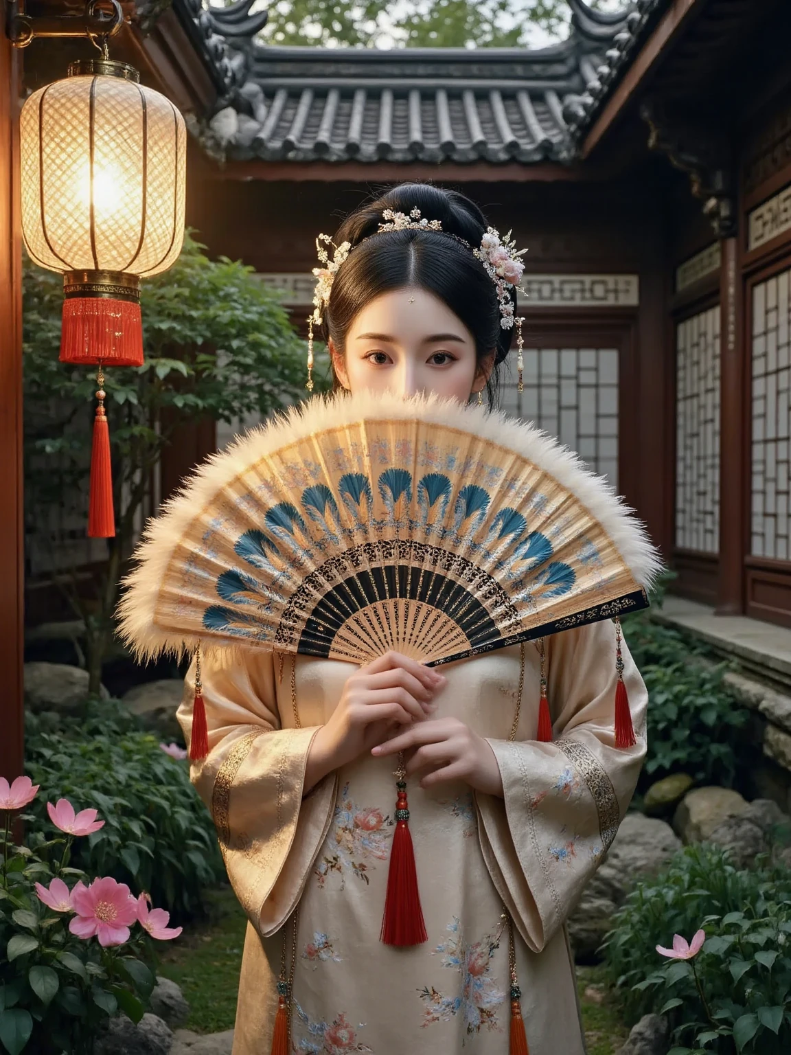 Ultra realistic portrait, Stunning delicate and refined Chinese woman stands in a quiet garden, holding a magnificent, exquisitely crafted luxurious fan that covers the lower part of her face, and her eyes are open; the fan has an elegant lattice, unique coloring, interweaving of bright feathers and silk tassels that sparkle in the soft golden light of a traditional Chinese lantern; the majestic beauty of the fan, the refined features of the woman's face, her striking gaze, evoke the unrivaled elegance and mystery of the East