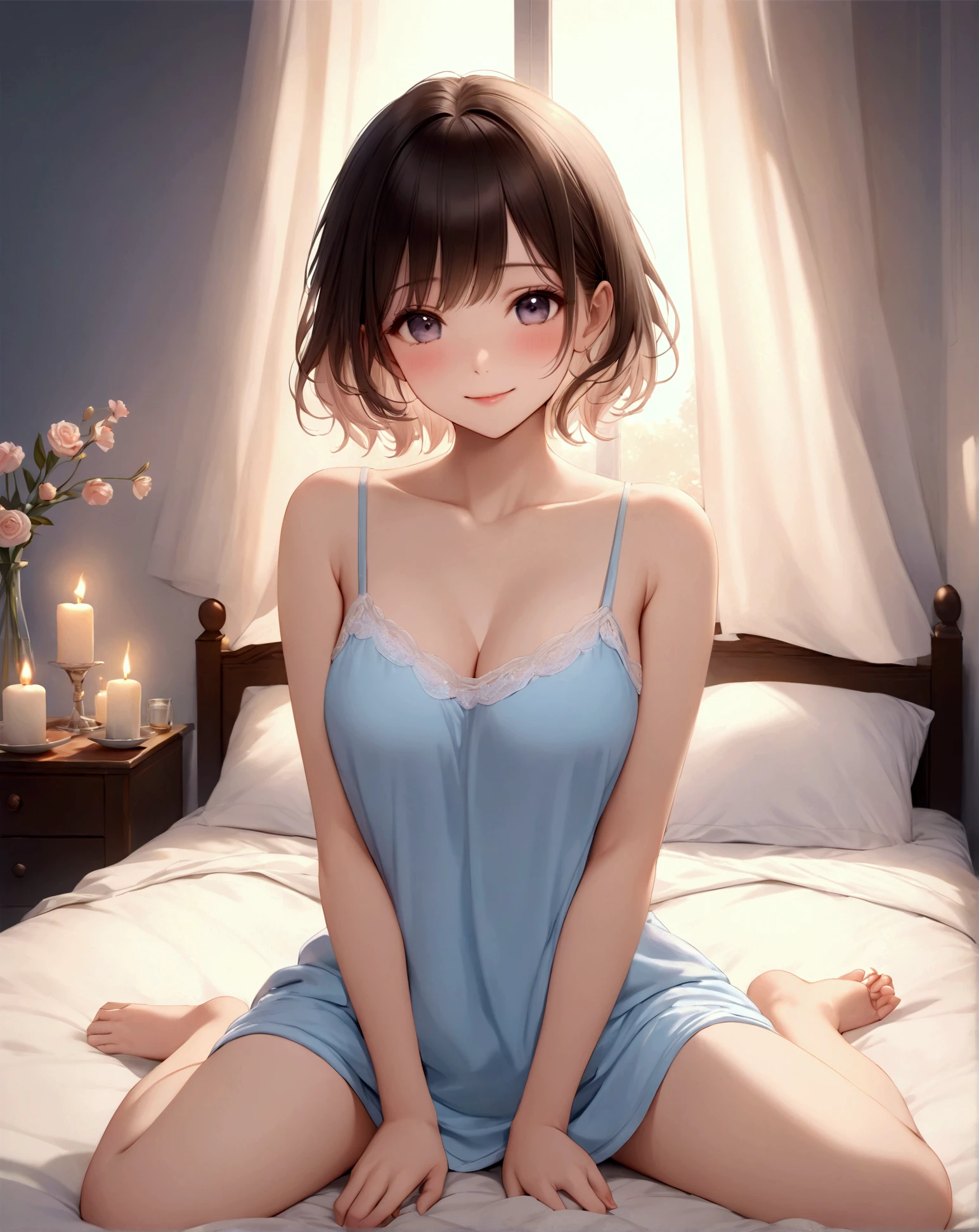 kawakami sadayo, one girl, brown eyes, white background, short hair, extremely detailed, blushing, sweating, wet, ((soft, soft light, gentle)), small breasts, full body shot, smirk, bed, maid outfit