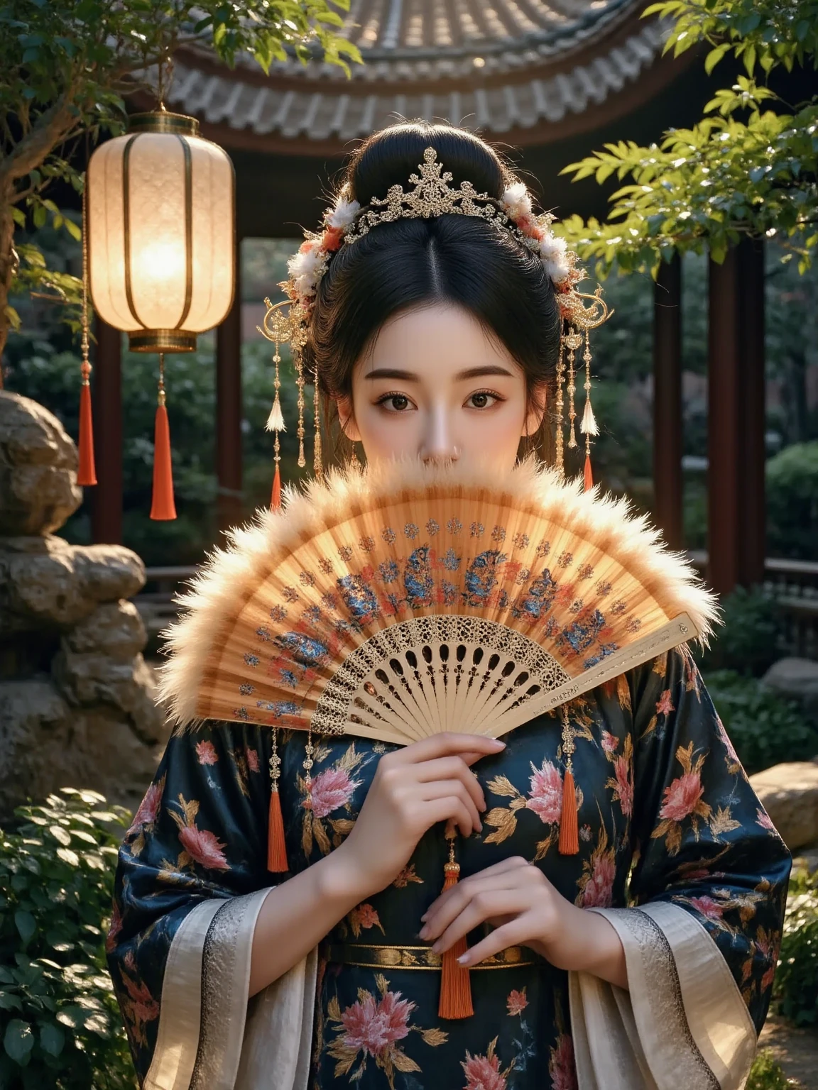 Ultra realistic portrait, Stunning delicate and refined Chinese woman stands in a quiet garden, holding a magnificent, exquisitely crafted luxurious fan that covers the lower part of her face, and her eyes are open; the fan has an elegant lattice, unique coloring, interweaving of bright feathers and silk tassels that sparkle in the soft golden light of a traditional Chinese lantern; the majestic beauty of the fan, the refined features of the woman's face, her striking gaze, evoke the unrivaled elegance and mystery of the East