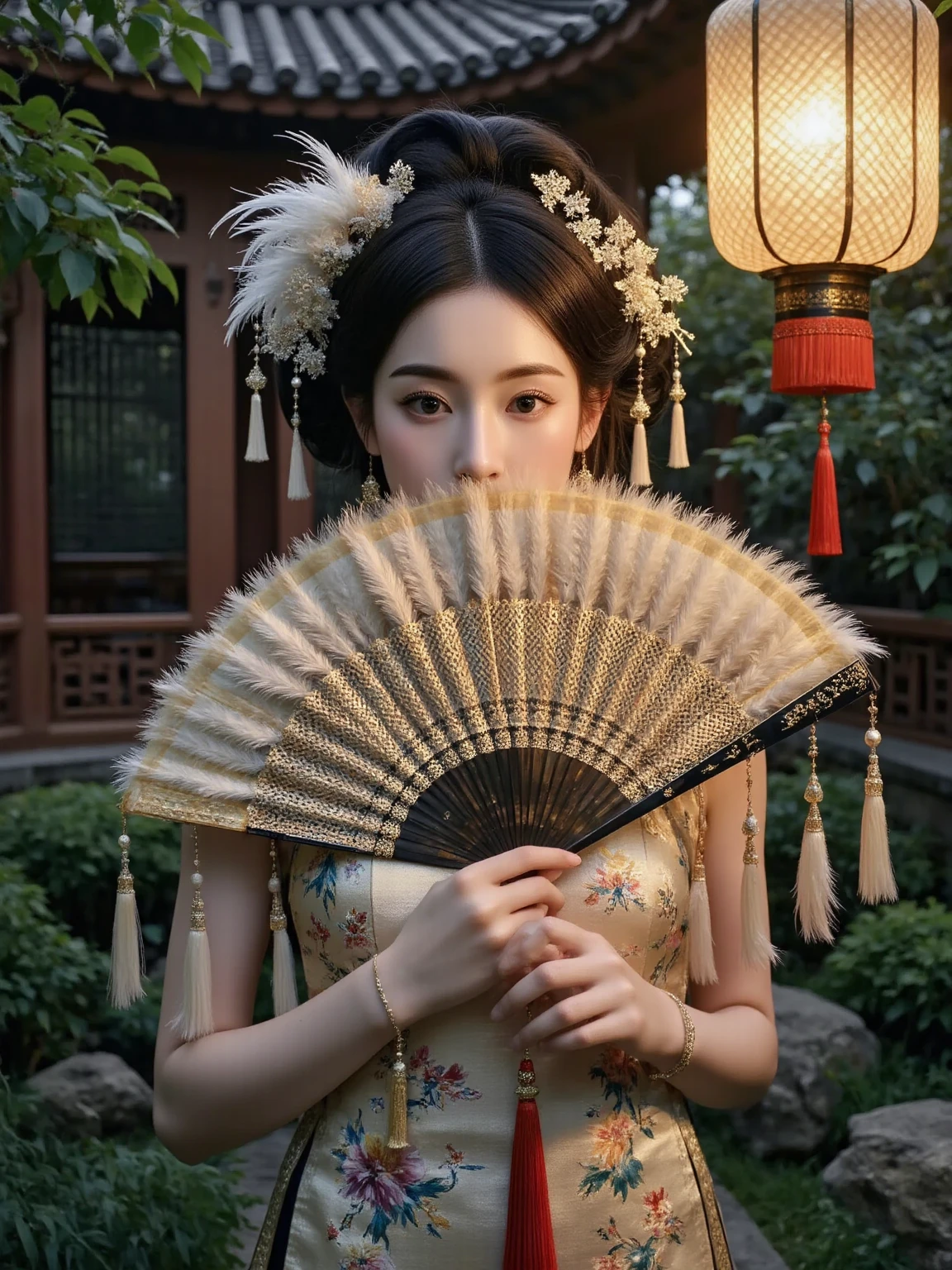 Ultra realistic portrait, Stunning delicate and refined Chinese woman stands in a quiet garden, holding a magnificent, exquisitely crafted luxurious fan that covers the lower part of her face, and her eyes are open; the fan has an elegant lattice, unique coloring, interweaving of bright feathers and silk tassels that sparkle in the soft golden light of a traditional Chinese lantern; the majestic beauty of the fan, the refined features of the woman's face, her striking gaze, evoke the unrivaled elegance and mystery of the East