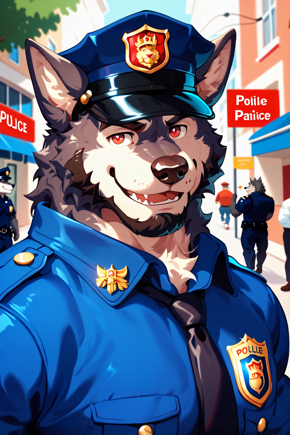 Siberian Husky dog, police, blue eyes , en una estación de police, blushing