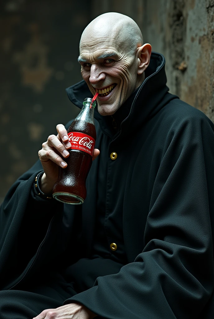 PORTRAIT OF LORDVOLDEMORT, sitting in a table holding a beer with a black slime, cinematic film still a photo of is drinking beer ‚8k,[best quality], masterpiece, ultra-fine