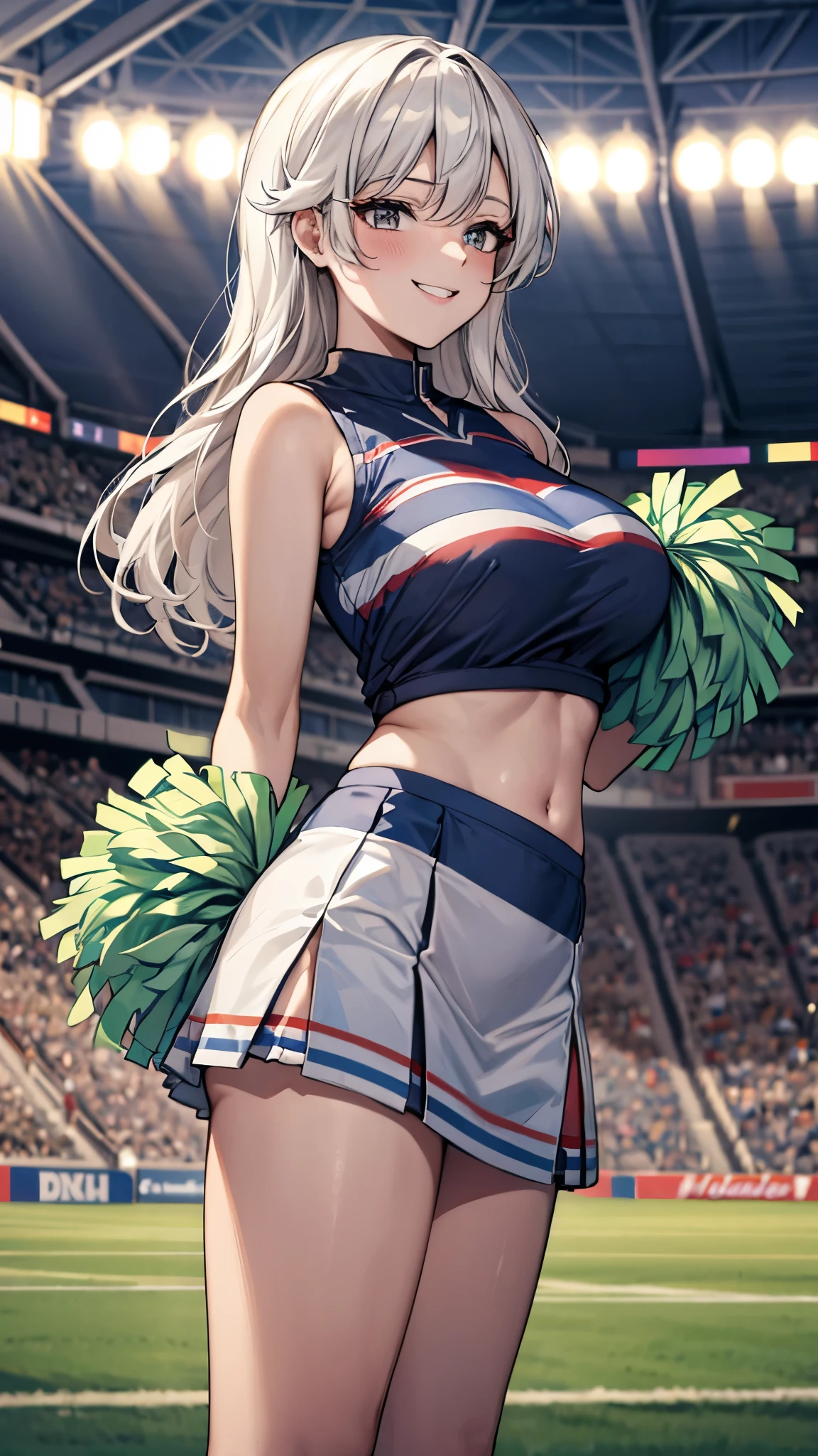 Under boobs,skirt lift,blue, cheerleader, uniform, woman, pom-poms, stadium, field, posing, background, cheerleaders, sports, event, atmosphere, red, white, stripes, smiling, bright