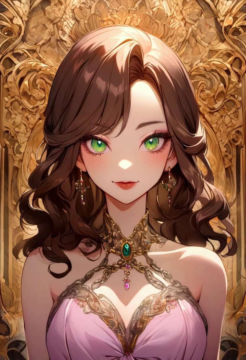 (masterpiece, best quality), intricate details, thin, beautiful girl, brown hair, bright green eyes, revealing red dress, cleavage, big breasts, messy hair, pretty lips, close up, smirk, colourful fantasy castle setting, sexy, jewelry, tiara,