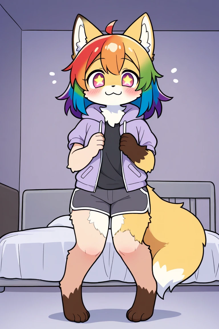 1girl, kawaii, standing, looking at viewer, kitsune tail, rainbow hair, star shaped pupils, on the bed, full body, jacket, short sleeves, shorts, happy expression, :3c, rated_safe, fluffy fur, half transformation, transformation, mid transformation, transfur, furry [anthro]