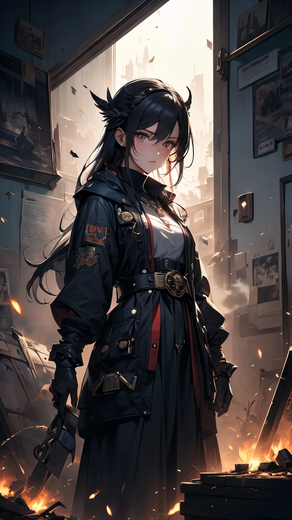 (( top quality)),( ultra high definition),( more details),( detailed explanation ),(( best CG )),( Best Artwork ), Ultra Precision Art,素晴らしい絵画アート,(Exquisite art:1.5),  Female Herobot ,  Damaged Mecabody , Flying sparks,,  Broken Machine Body ,  Eye of the Machine without Highlights, Cracked Face ,  Abandoned House with Smoke Rising , rubble,  Unsaved World , 