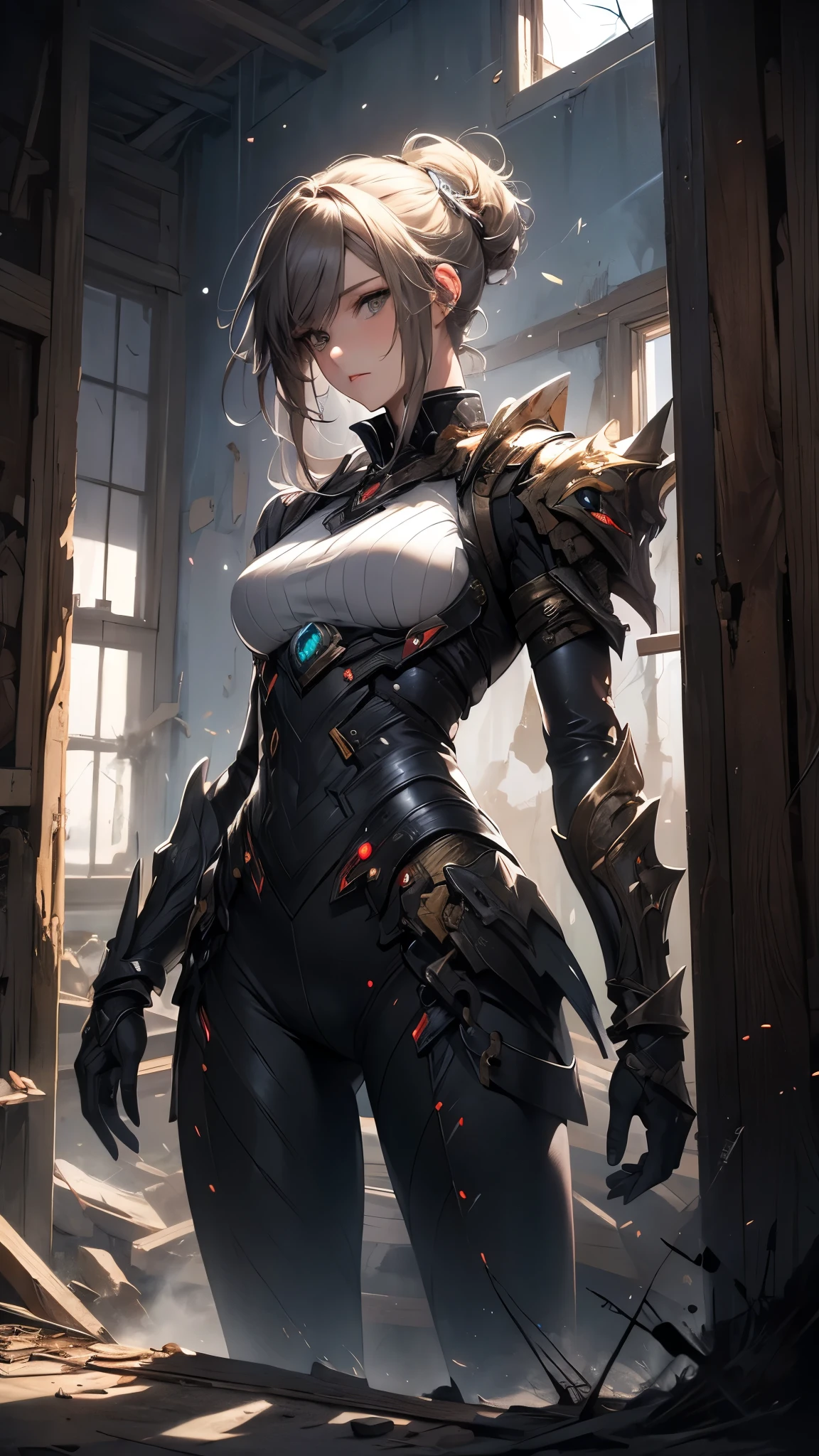 (( top quality)),( ultra high definition),( more details),( detailed explanation ),(( best CG )),( Best Artwork ), Ultra Precision Art,素晴らしい絵画アート,(Exquisite art:1.5),  Female Herobot ,  Damaged Mecabody , Flying sparks,,  Broken Machine Body ,  Eye of the Machine without Highlights, Cracked Face ,  Abandoned House with Smoke Rising , rubble,  Unsaved World , 