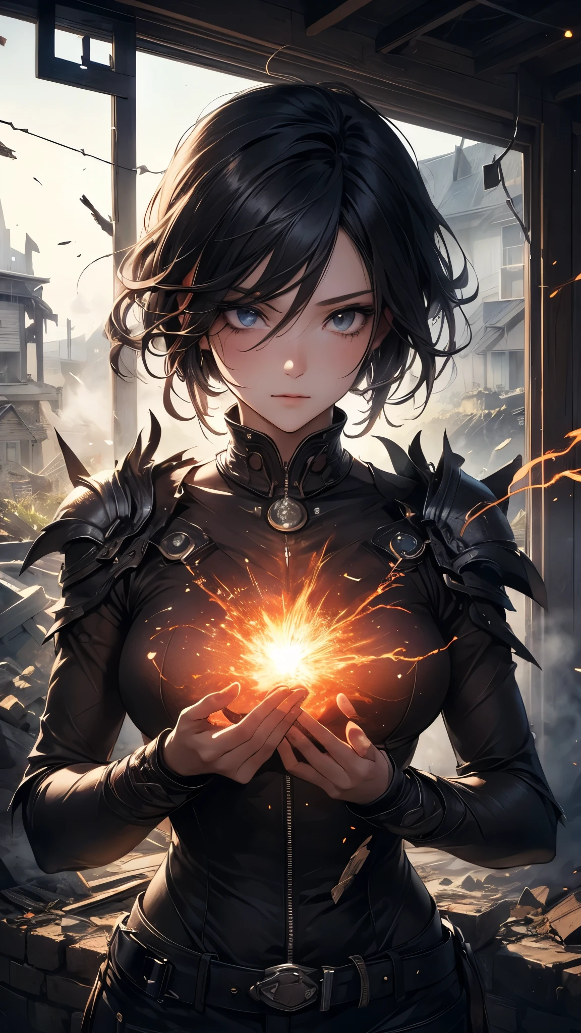(( top quality)),( ultra high definition),( more details),( detailed explanation ),(( best CG )),( Best Artwork ), Ultra Precision Art,素晴らしい絵画アート,(Exquisite art:1.5), Female Herobot , Damaged Mecabody , Flying sparks,, Broken Machine Body , Eye of the Machine without Highlights, Cracked Face , Abandoned House with Smoke Rising , rubble, Unsaved World ,