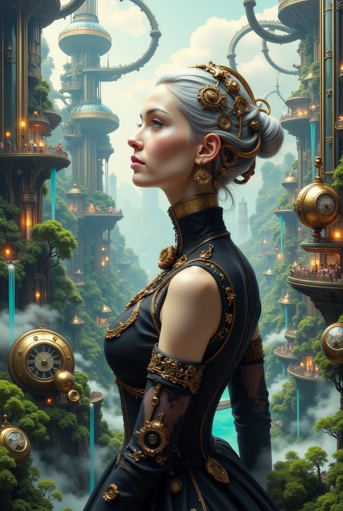 A detailed illustration of a futuristic universe blending steampunk aesthetics and ecological architecture. In the foreground, an elegant young woman embodies the steampunk spirit: she wears a black dress adorned with intricate golden embroidery, a Victorian lace collar, and sophisticated accessories made of gears and jewelry encrusted with precious stones. Her silver hair floats around her radiant face, adorned with metallic flowers and miniature clocks. In the background, a majestic futuristic city stretches endlessly, composed of organic skyscrapers covered in lush greenery and turquoise rivers winding between the buildings. Suspended bridges connect the structures, and the sky is dotted with floating spheres and soft light. The atmosphere combines mystery, retro-futuristic elegance, and technological harmony with nature.