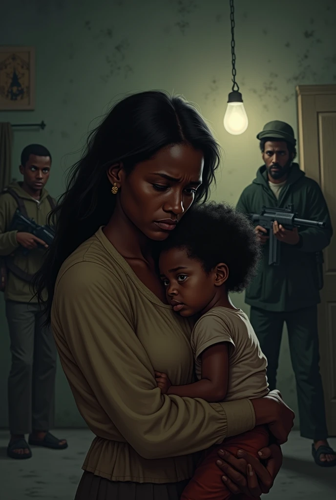 A Nigerian female officer standing wearing a camouflage uniform and beret by the bed side with a Nigerian man middle aged sleeping on the bed with a pajamas with a two years old son sleeping in their bedroom 
