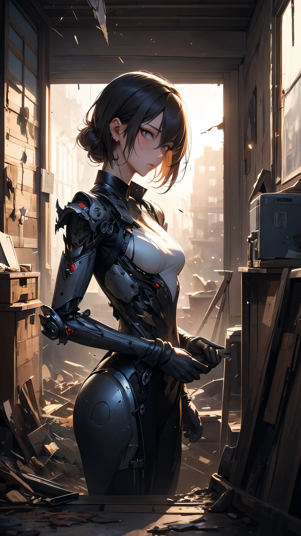 (( top quality)),( ultra high definition),( more details),( detailed explanation ),(( best CG )),( Best Artwork ), Ultra Precision Art,素晴らしい絵画アート,(Exquisite art:1.5), Female Robot,  Damaged Mecabody , Flying sparks,,  Broken Machine Body ,  Eye of the Machine without Highlights, Cracked Face ,  Abandoned House with Smoke Rising , rubble,  Unsaved World ,