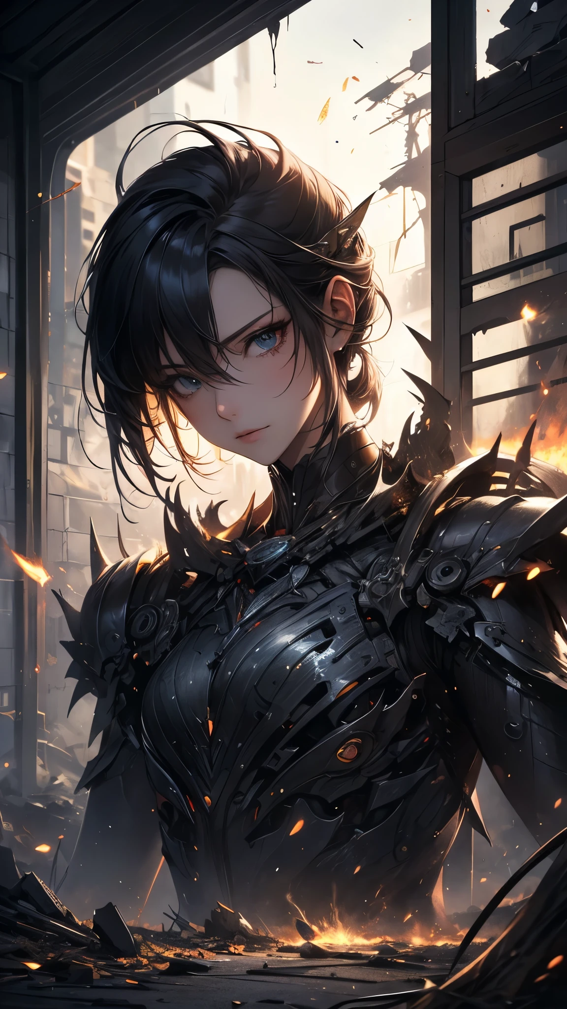 (( top quality)),( ultra high definition),( more details),( detailed explanation ),(( best CG )),( Best Artwork ), Ultra Precision Art,素晴らしい絵画アート,(Exquisite art:1.5), Female Robot, Damaged Mecabody , Flying sparks,, Broken Machine Body , Eye of the Machine without Highlights, Cracked Face , Abandoned House with Smoke Rising , rubble, Unsaved World ,