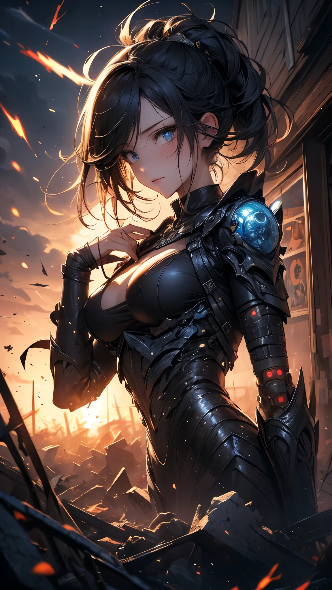 (( top quality)),( ultra high definition),( more details),( detailed explanation ),(( best CG )),( Best Artwork ), Ultra Precision Art,素晴らしい絵画アート,(Exquisite art:1.5), Female Robot,  Damaged Mecabody , Flying sparks,,  Broken Machine Body ,  Eye of the Machine without Highlights, Cracked Face ,  Abandoned House with Smoke Rising , rubble,  Unsaved World ,