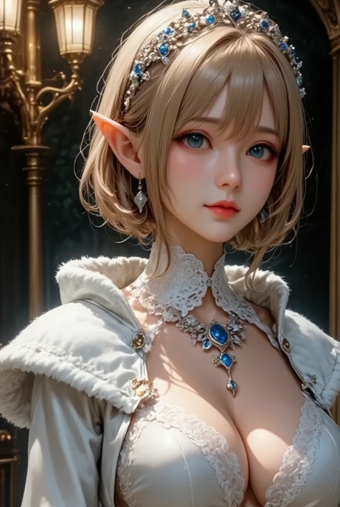 (Masterpiece,  top quality:1.2),  One Girl ,  elf woman in her 20s"Haruna", The queen of elves dressed in a solemn white silk costume ,  Final Fantasy style 